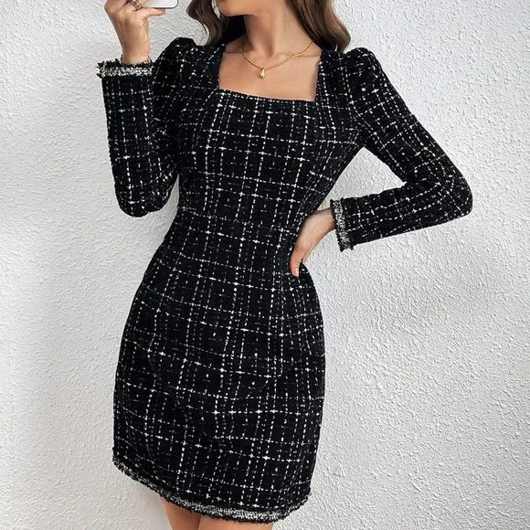 Black Preppy Womens Women's Puff Sleeve Checked Short Dress - Picture 5 of 5